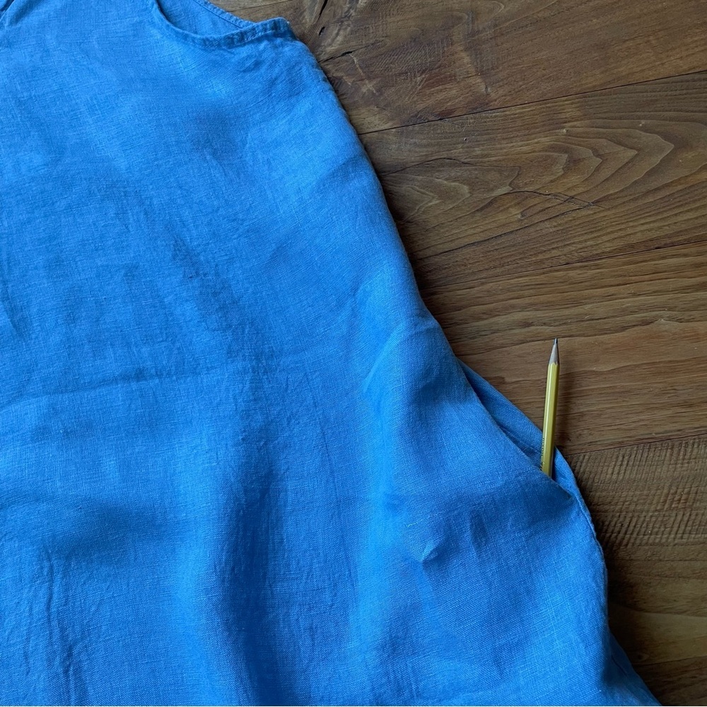Tempo Paris Light Blue Button Detail 100% Linen V-Neck Sleeveless Dress Large - Picture 6 of 11
